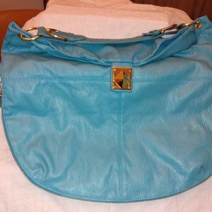 MARK RN 61981 Faux Leather Turquoise Handbag w/gold tone trim buckles and zipper